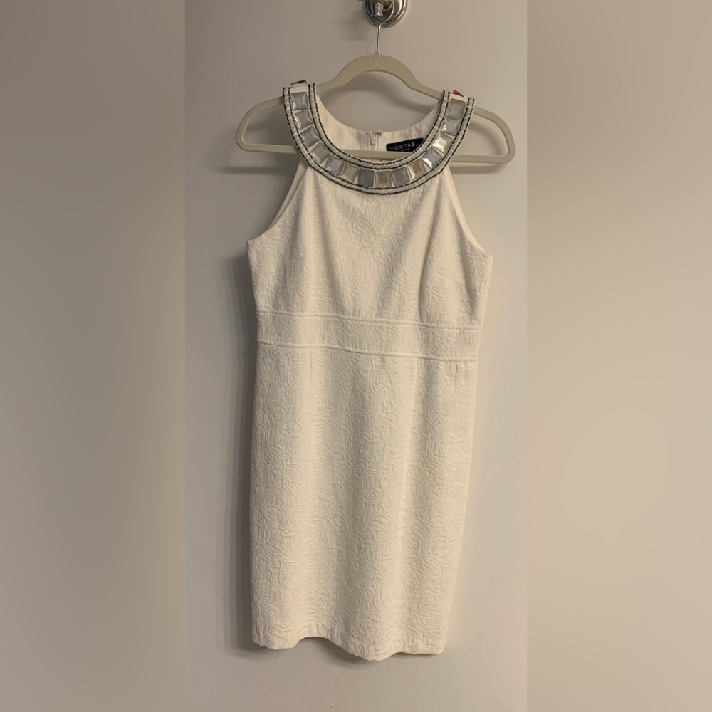 White Sleeveless Dress with Embellished Neckline Sz 10